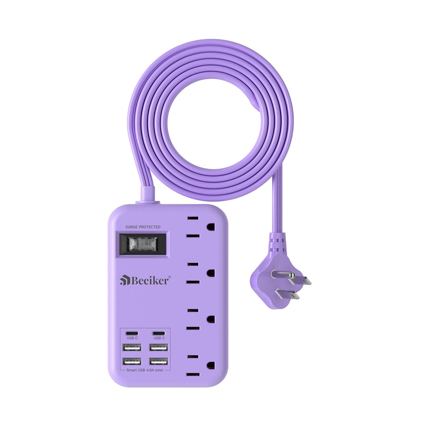 6 USB(2 USB C) Purple Travel Power Strip- 5Ft Lavender Extension Cord with 24W USB Charging Station and 4 Outlets, Purple Desk Accessories with Surge Protector for Cute Kawaii Office Dorm Room