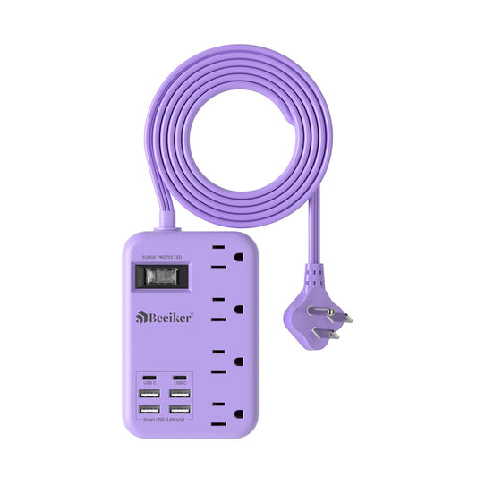 6 USB(2 USB C) Purple Travel Power Strip- 5Ft Lavender Extension Cord with 24W USB Charging Station and 4 Outlets, Purple Desk Accessories with Surge Protector for Cute Kawaii Office Dorm Room