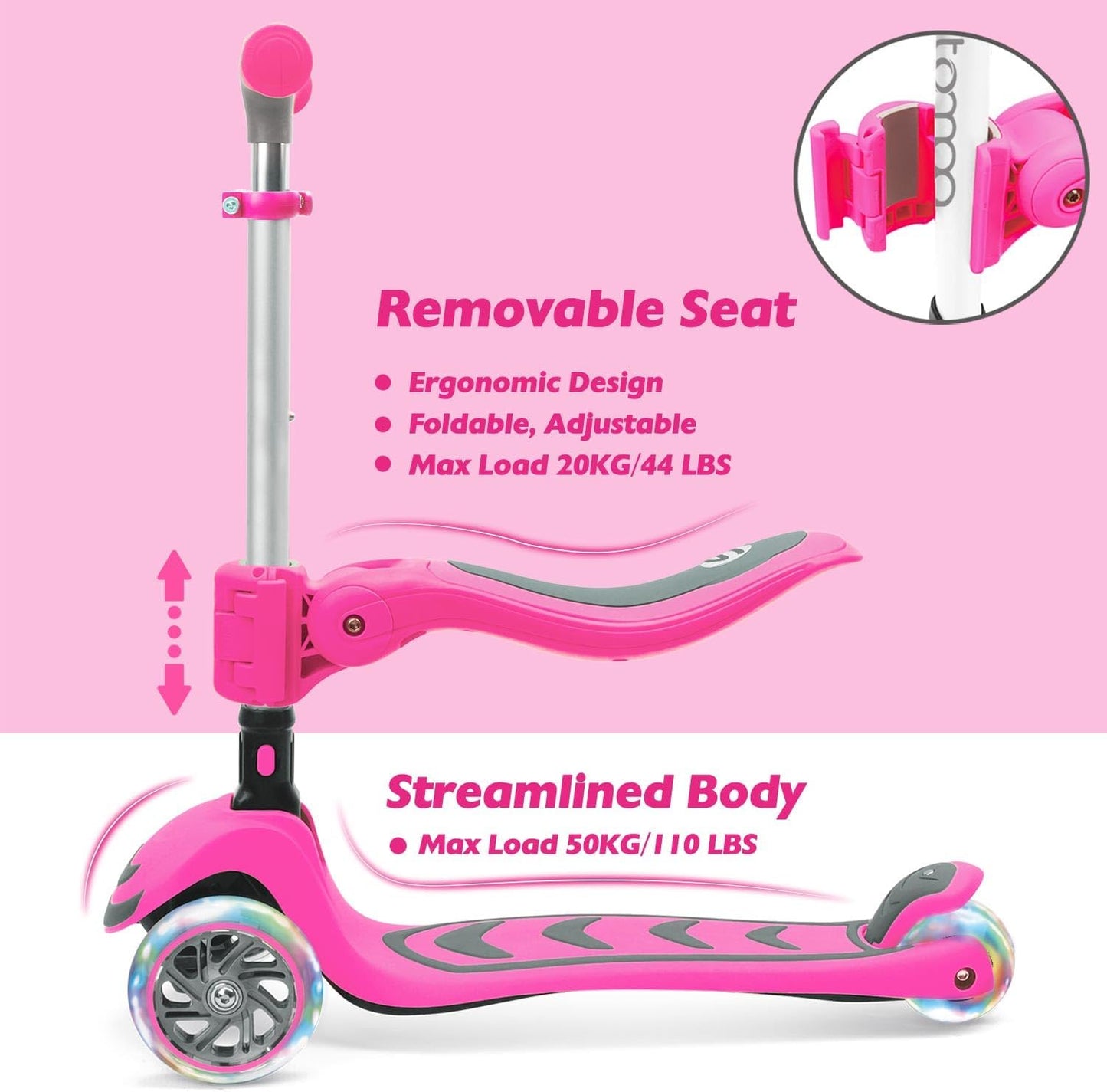 Stompa 2-in-1 Light Up Scooter for Kids | Adjustable Handlebar & Foldable Seat | Ages 3-8