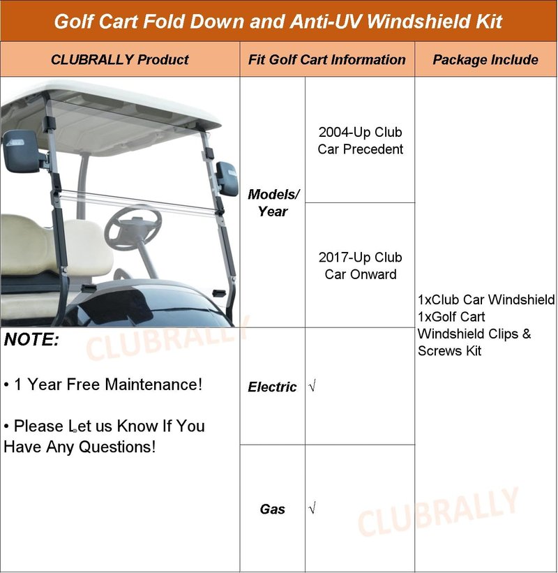 CLUBRALLY Golf Cart Windshield, Fold Down and Anti-UV Windshield Kit for 2004-Up Club Car Precedent/ Tempo/ Onward Golf Cart, 37.5"W X 31.9"H, Clear