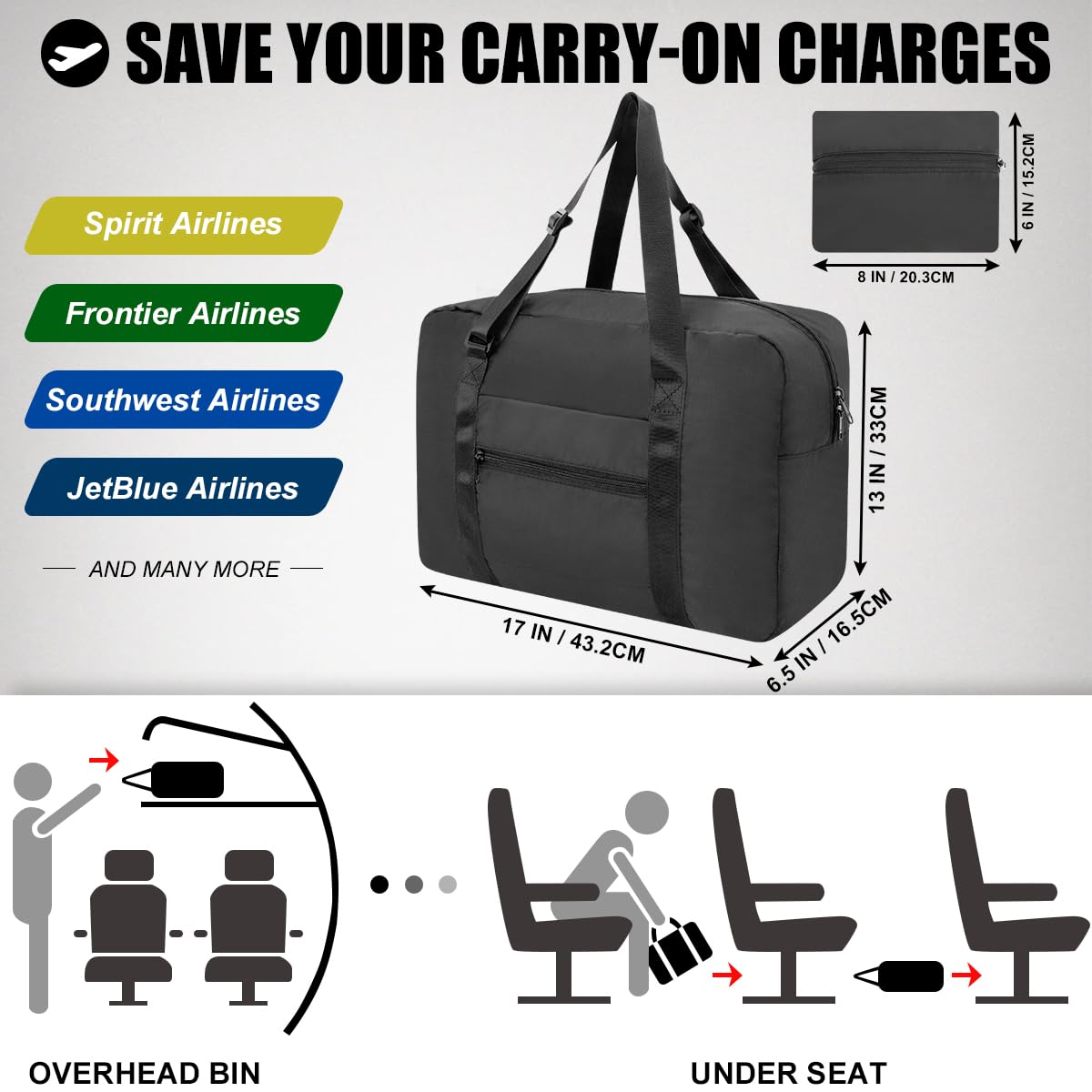 Small Duffle Bag for Travel, Personal Item Travel Bag Foldable Travel Tote Mini Gym Bag for Men Women, Black