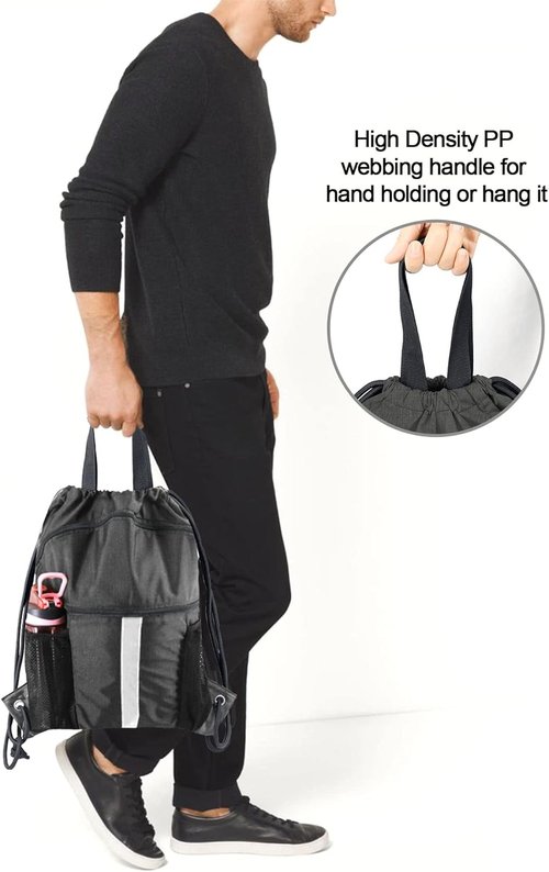 BeeGreen X-Large Drawstring Backpack | Black Gym Bag with Shoe Compartment for Sports