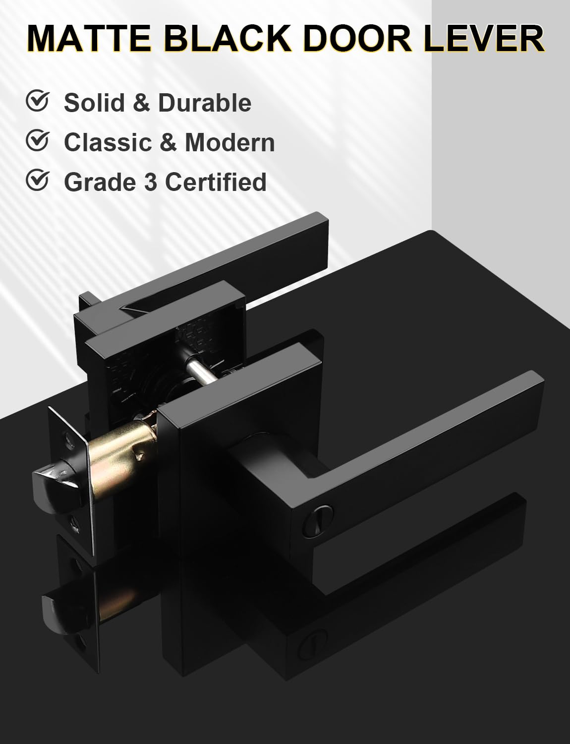 Tinewa 5 Pack Square Privacy Door Levers Locksets in Matte Black Finish, Bed/Bath Door Levers Keyless Interior Handles,Reversible for Left Right Handed Doors