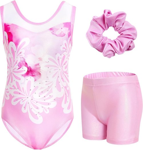 JiAmy Girls Gymnastics Leotards - Glitter Ballet Dance Unitards with Shorts & Hairband for Kids