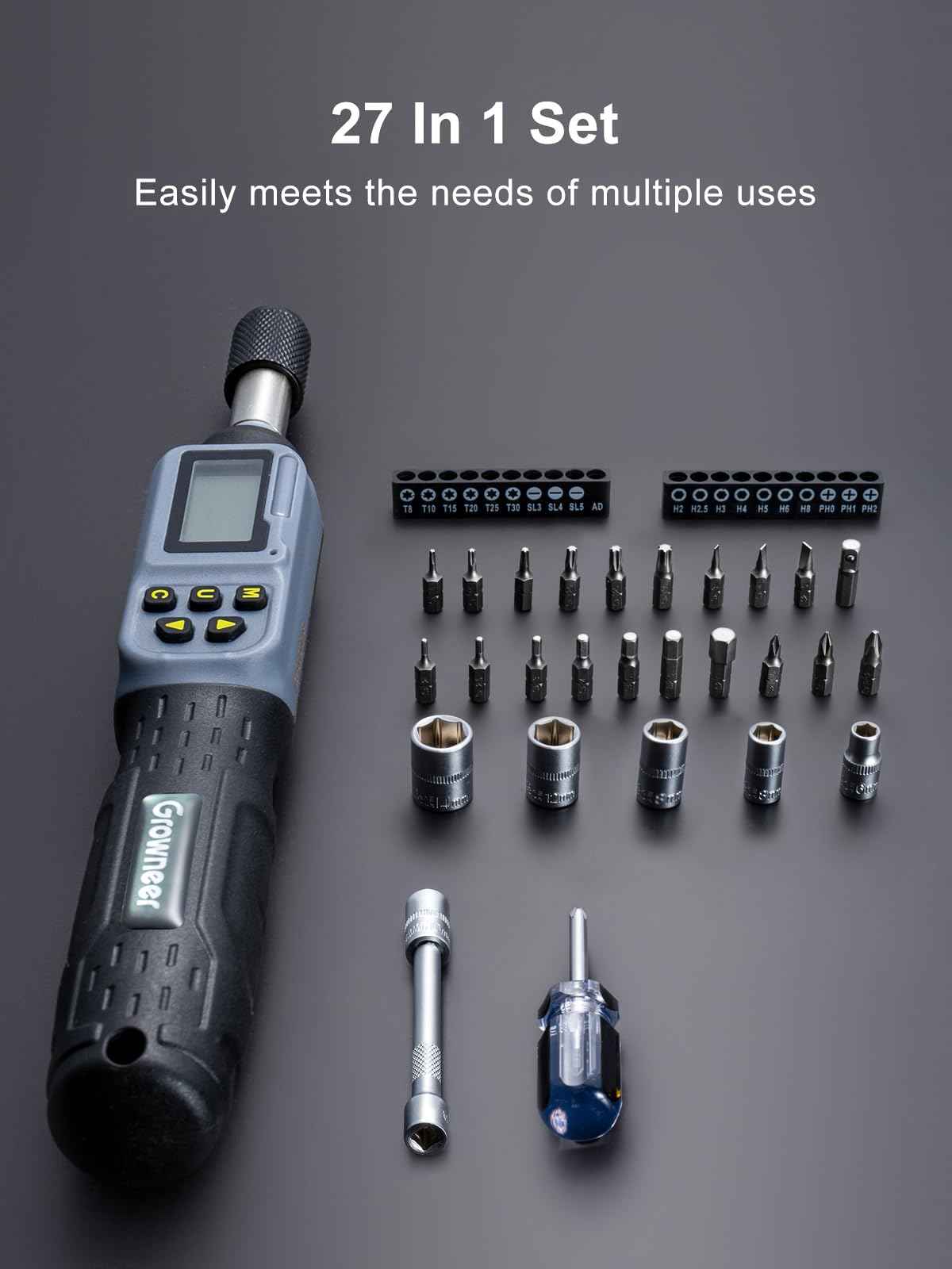GROWNEER Digital Torque Screwdriver, 2.66-53.1 In-lbs/0.3-6 Nm, 1/4'' Drive Inch Pound Torque Screwdriver Electrician with Buzzer & LED Indicator, 27 In 1 Torque Wrench Screwdriver Set