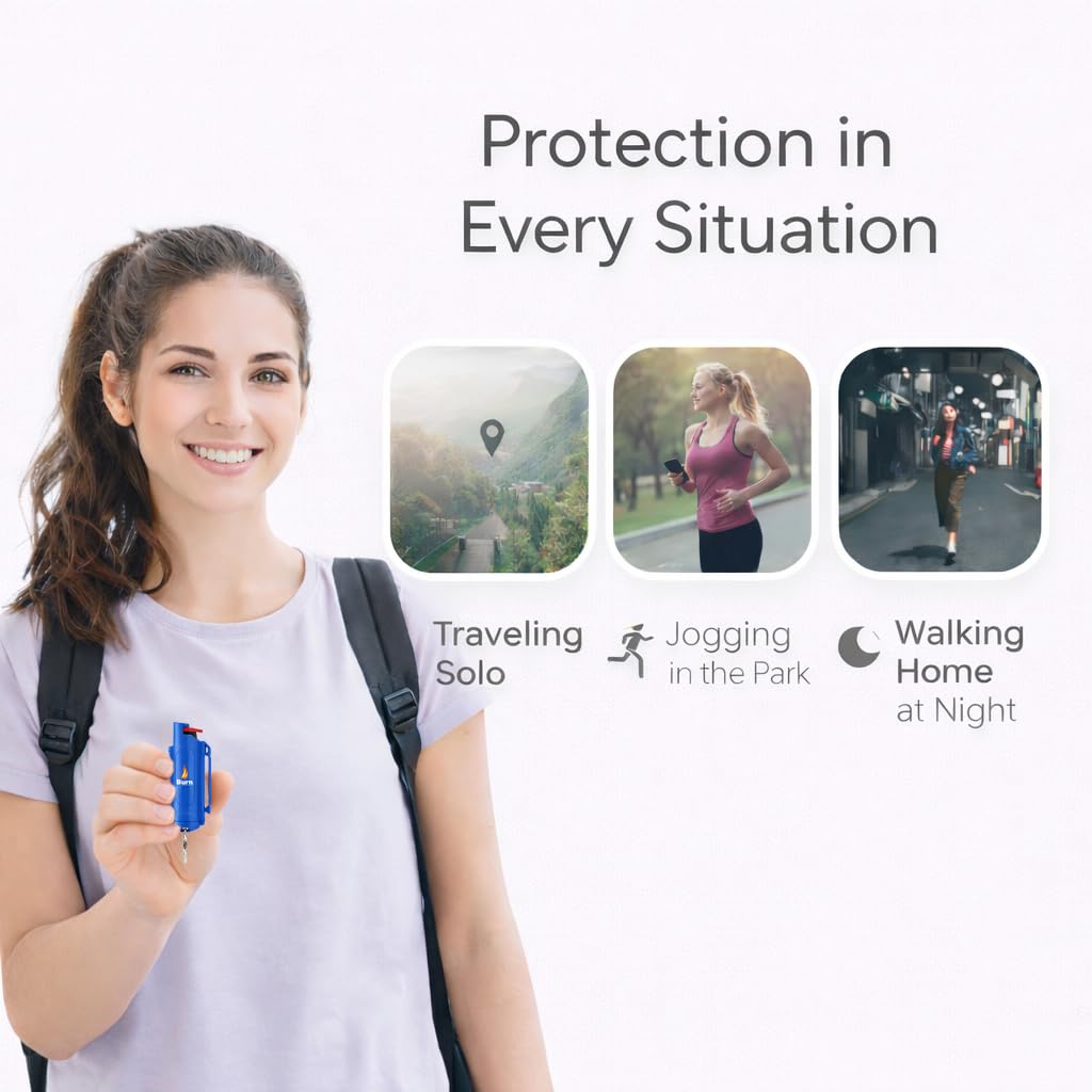 Burn Pepper Spray Keychain for Self Defense, 1/2oz Compact OC Spray for Women & Men, Police Grade with UV Dye, 16 Ft Range, Twist Top Safety Lock, Belt Clip, Pocket Personal Safety, Blue