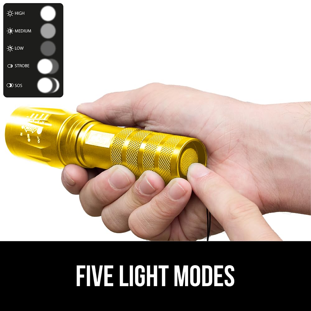 GORILLA GRIP Powerful LED Tactical Flashlight, 750 FT High Lumens 5 Adjustable Modes, Water Resistant, Ultra Bright Zoom Flashlights, Small Mini Flash Light, Camping, Night Dog Walking, Gold