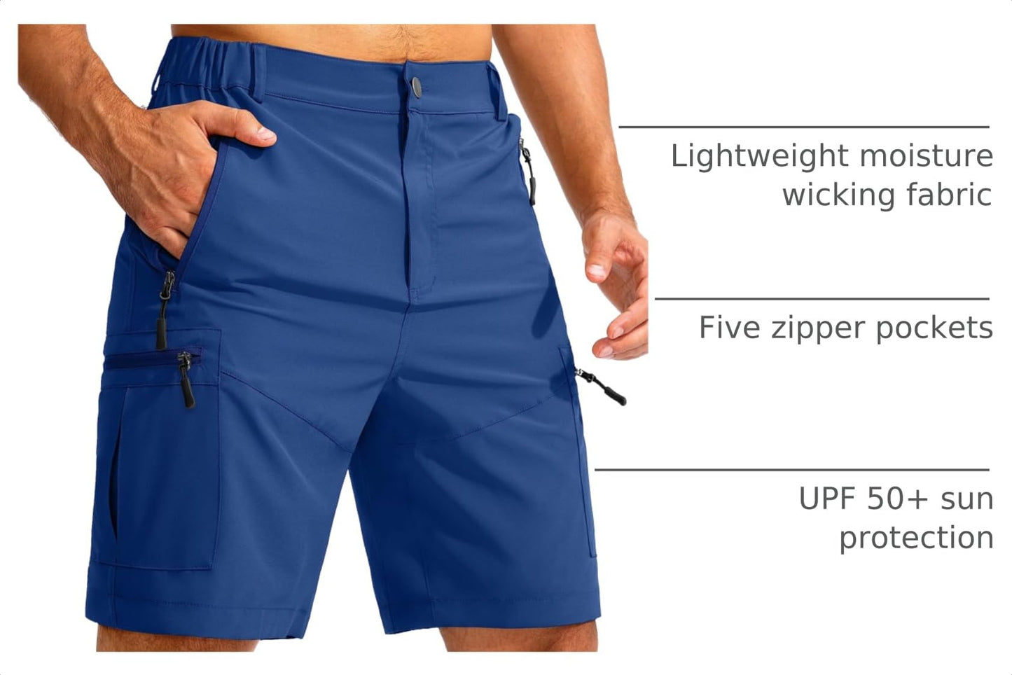 Pudolla Men's Hiking Cargo Shorts 9" Lightweight Outdoor Work Shorts for Men Travel Golf Camping Casual with 5 Zipper Pockets(Royal Blue Large)