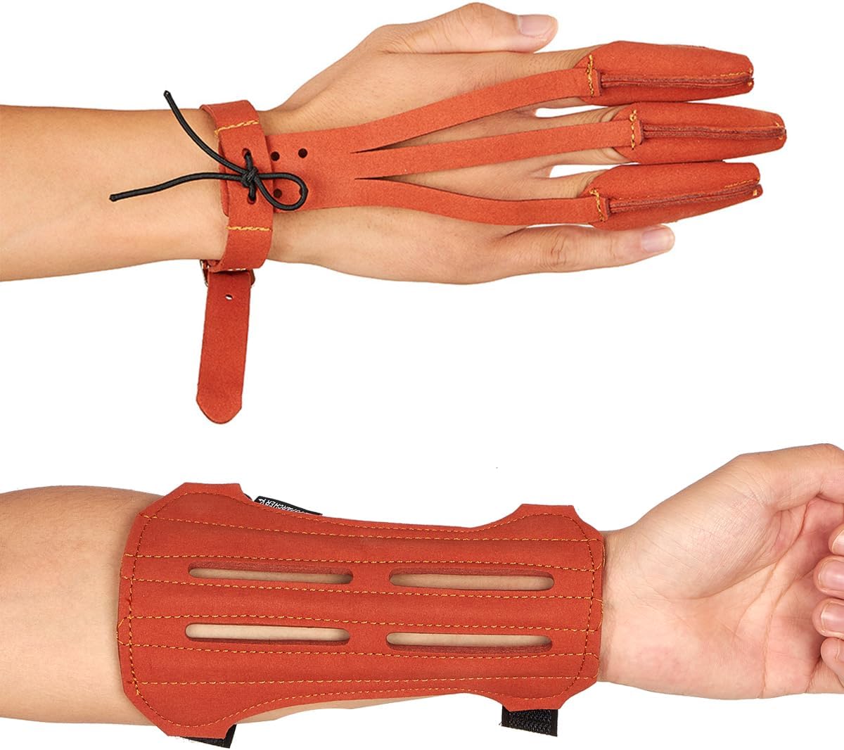 Toparchery Arm Guard & 3 Finger Protective Gloves - Brown for Recurve & Compound Bow Shooting