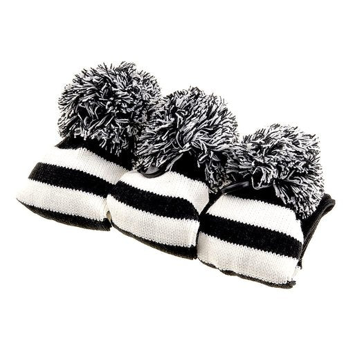 GOOACTION 3PCS Knitted Golf Head Covers 1-3-5 for Driver and Fairway Woods with Long Neck Design Vintage White and Black Sock Pom Pom Golf Club Head Covers Set