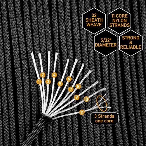 750lb Paracord 4mm 11-Strand Tactical Utility Rope for Camping - 50FT Black