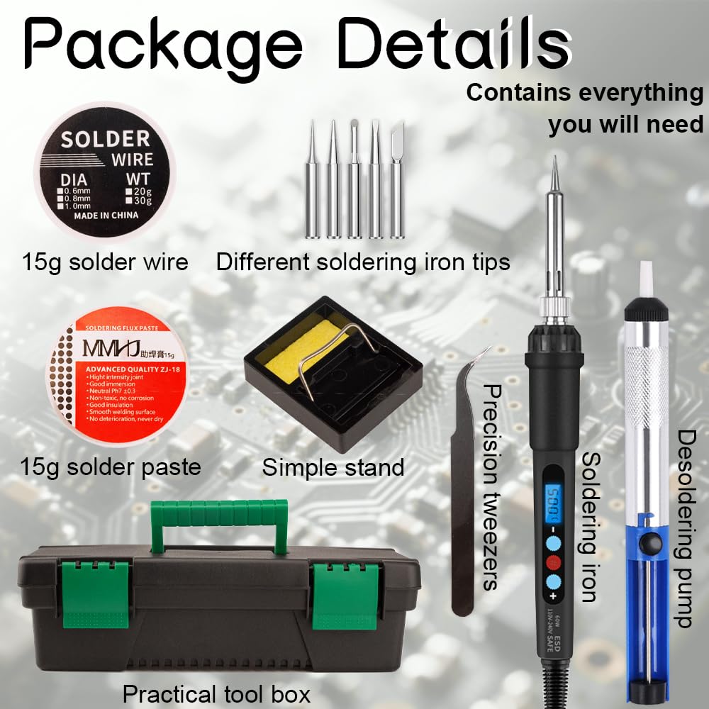60W Soldering Iron Kit with LED Display – Adjustable Temperature 180-500°C Welding Tools with Tips, Wire, Flux, Desoldering Pump & Storage Case for DIY Electronics, Metal Repair