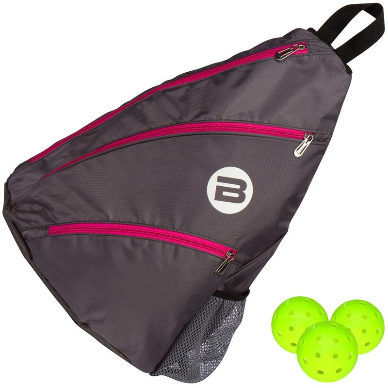 BESTA Premium Pickleball Bag. Padded Sling Bag with 3 Compartments, Water Bottle Holder and Adjustable Strap that Switches Sides. Holds Several Paddles, Balls and More. (Gray with Pink Trim)