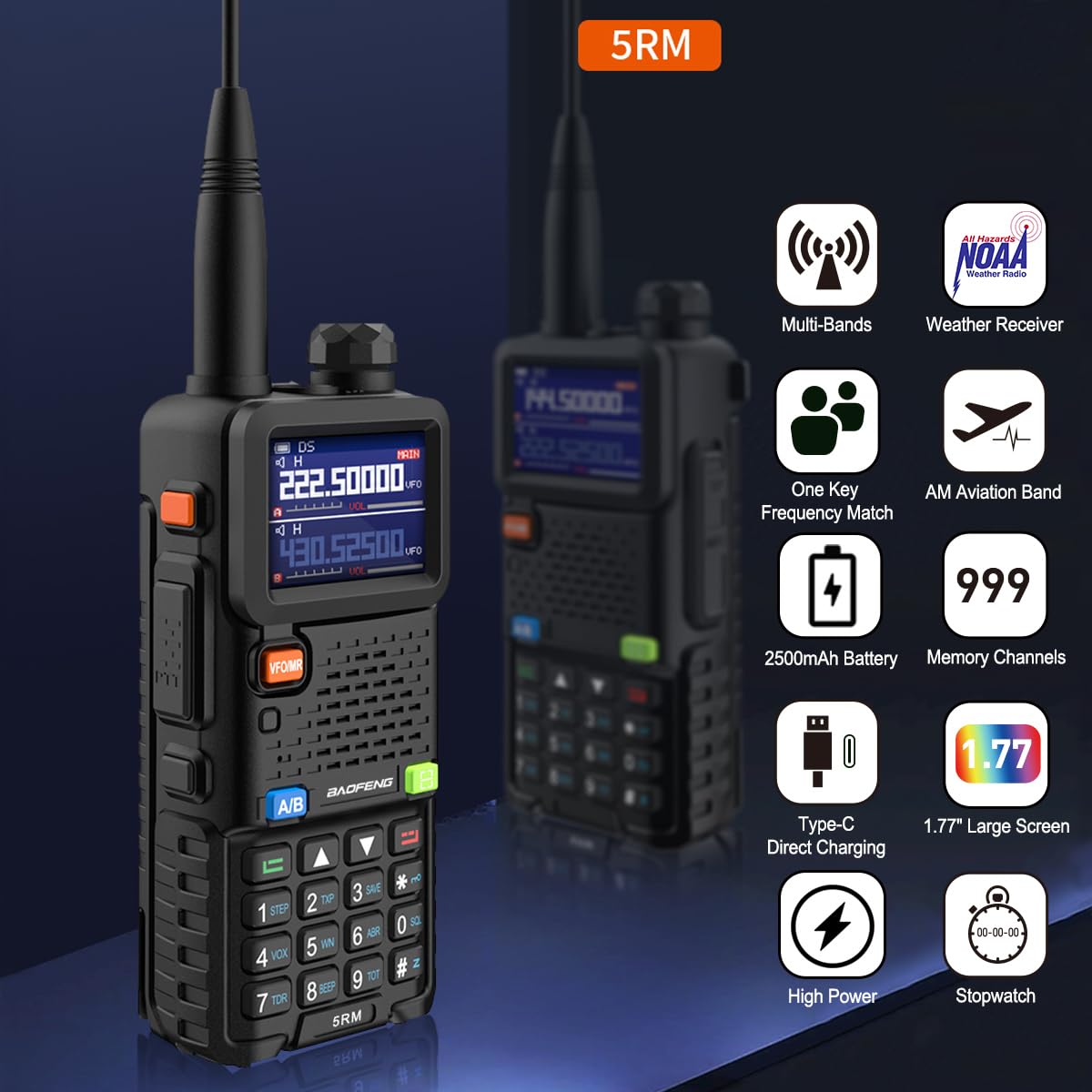BAOFENG 5RM Ham Radio 10W Handheld (Upgraded of UV-5R) Walkie Talkies Long Range NOAA Weather Receiver Two Way Radio UV5R for Adults Camping Hunting Hiking, Frequency Copy, USB C Charger, 999CH