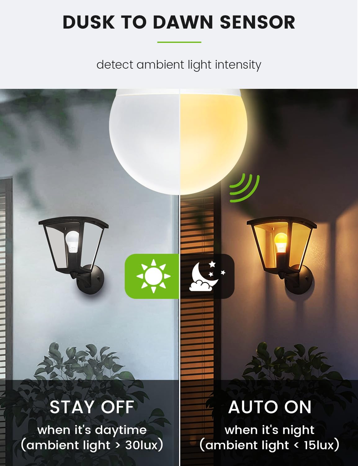 ALEXPEX Dusk to Dawn LED Light Bulbs, 13W(100W Equivalent) 1100LM, 3000K Warm White, A19 E26 Automatic Sensor Lighting for Indoor Outdoor, Lightbulbs for Porch, Front Door, Entryway, 3 Pack