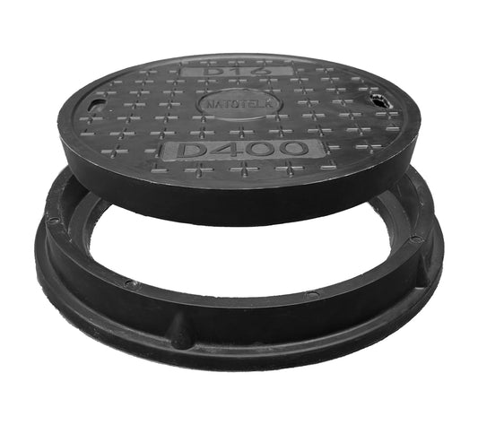 Natotela 16in Round Manhole Cover and Frame, Fiberglass Recessed Solid Top Cover with Base Size 18.5in,14in Clear Opening,Septic Tank Cover and Base for yard, Non-slip Reinforced Sewage Basin Cover