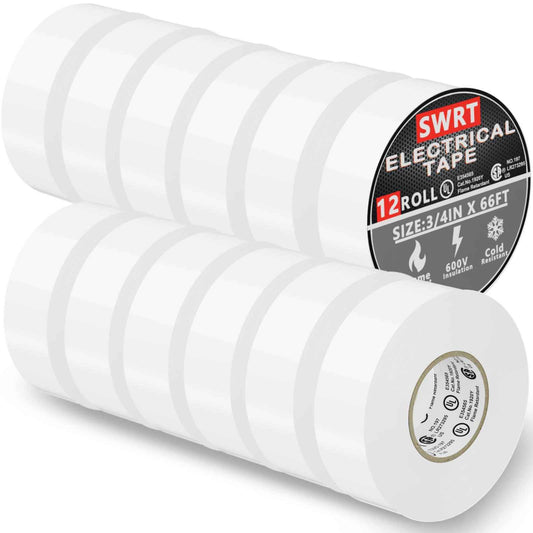 SWRT 12 Pack UL/CSA Listed White Electrical Tape 7 mils -600V, 0.75 in x 66 FT White Electric Tape Flame Retardant, Strong Adhesive, for Home DIY Electrical Repairs Professional Installations