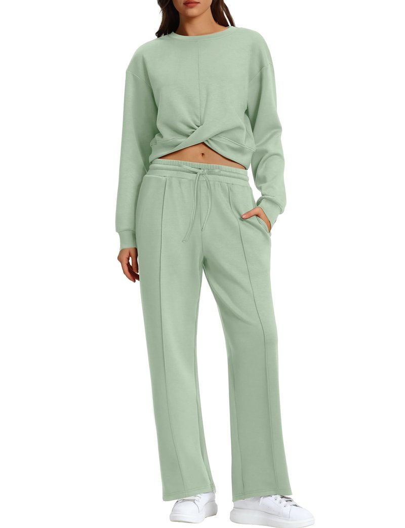 WIHOLL Matching Sets For Women Loungewear Twist Front Crop Sweatshirt Wide Leg Sweatpant Casual Lounge Sets Light Green L