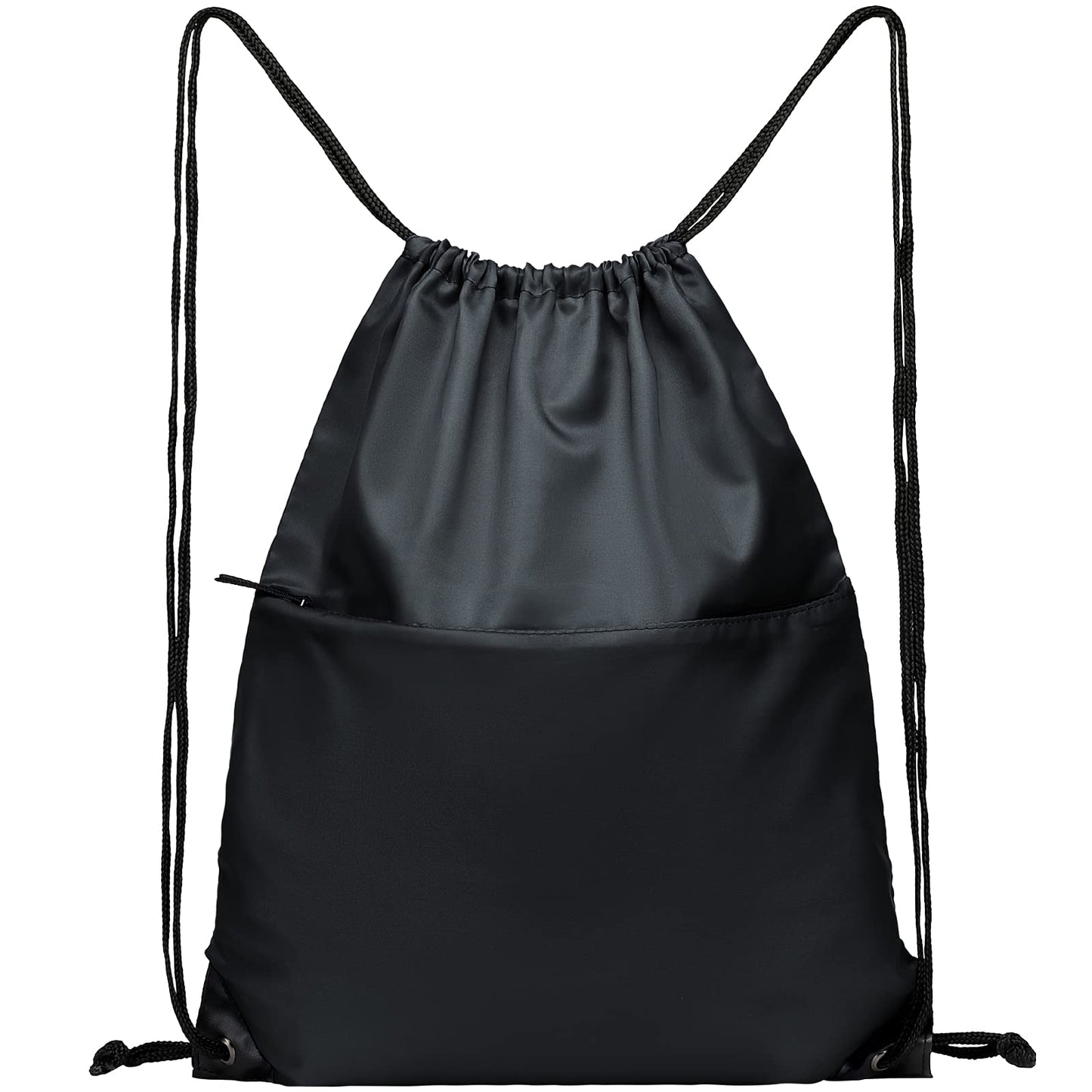 BuyAgain Drawstring Backpack Sports Water Resistant String Bag Sport Gym Sackpack for Women Men Large with Zipper, Black