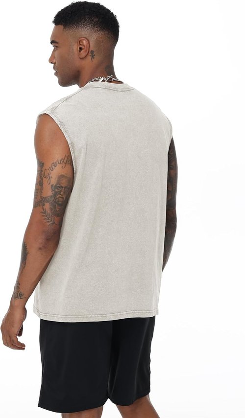Flygo Men's Sleeveless Workout Tank Tops - Cotton Muscle Tees for Gym | Acid Wash Design
