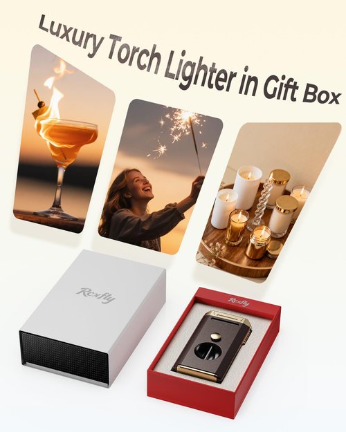 All-in-one Torch Lighter with Holder, Pop Out Cutter, and Dual Jet Flame, Gifts for Men, Multi-Functional Lighter Accessories, Adjustable & Windproof Flame, Refillable Butane Lighter for Travel