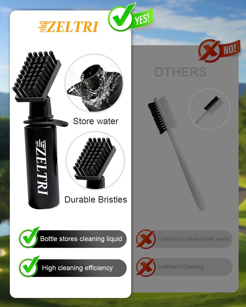 Zeltri Golf Club Brush Cleaner with Retainer Clip and 8.0 x 8.0 in Golf Towel - Holds 4 Oz Water Durable Nylon Bristles for Easy Cleaning Essentials Golf Accessories (1PCS Golf Brush+1PCS Golf Towel)