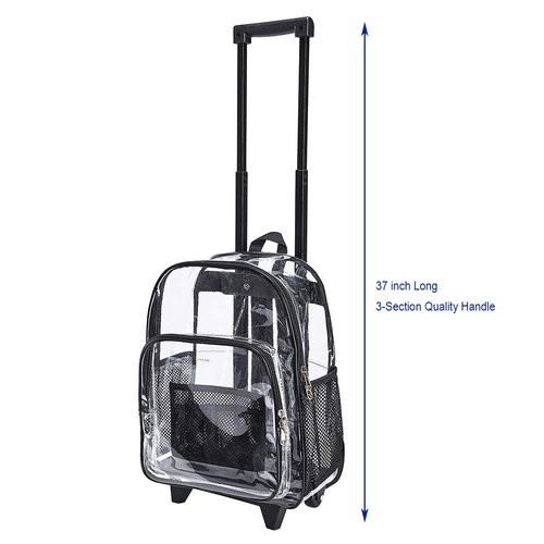 Clearworld Rolling Clear Backpack, Heavy Duty Cold-Resistant Security Transparent PVC Backpack with Wheels (Black)