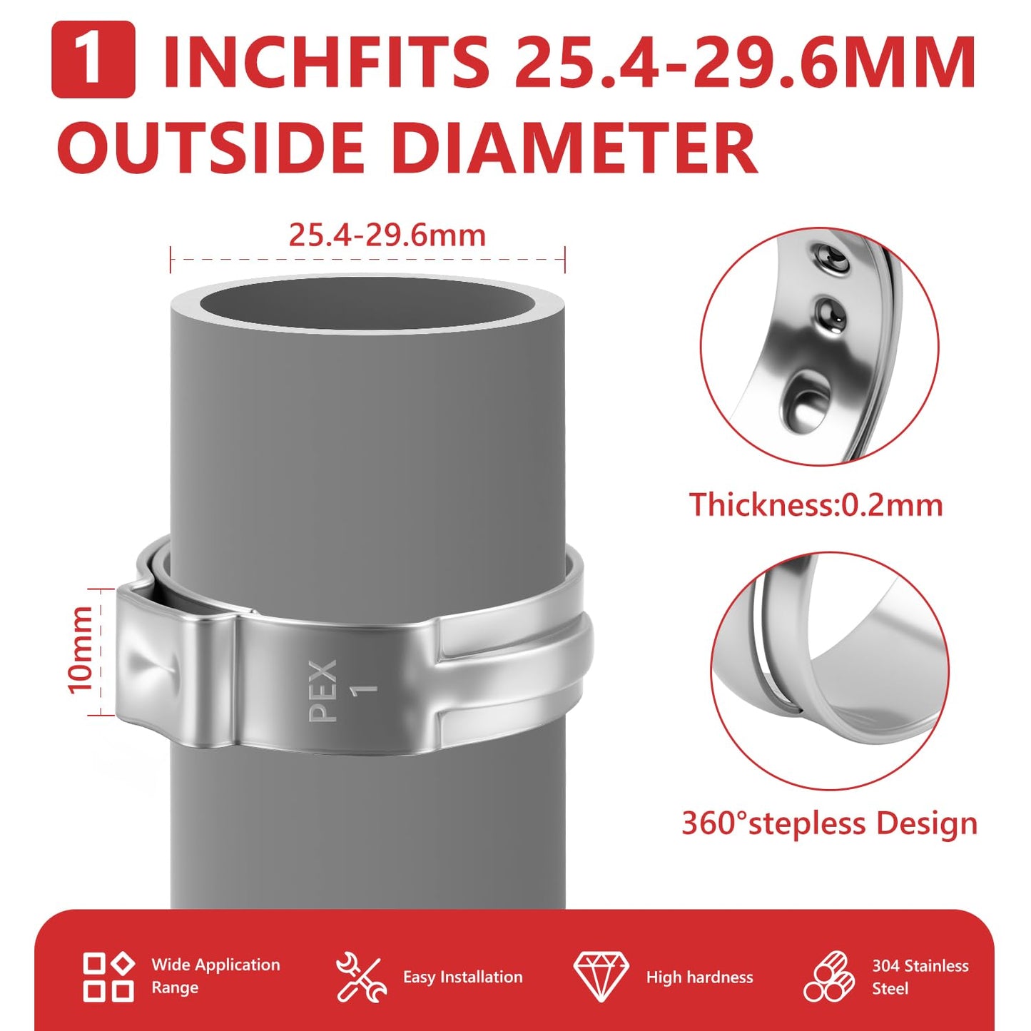 Newdeli 24pcs 1 inch Pex Crimp Rings Stainless Steel PEX Clamps Single Ear Hose Clamps Pex Fittings Cinch Pinch Clamp for Pipe Tubing Plumbing