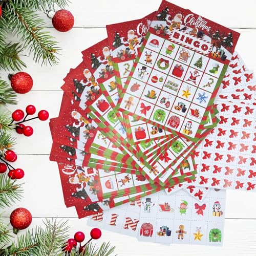 Christmas Bingo Game Set - 24 Cards with Markers for Family Fun