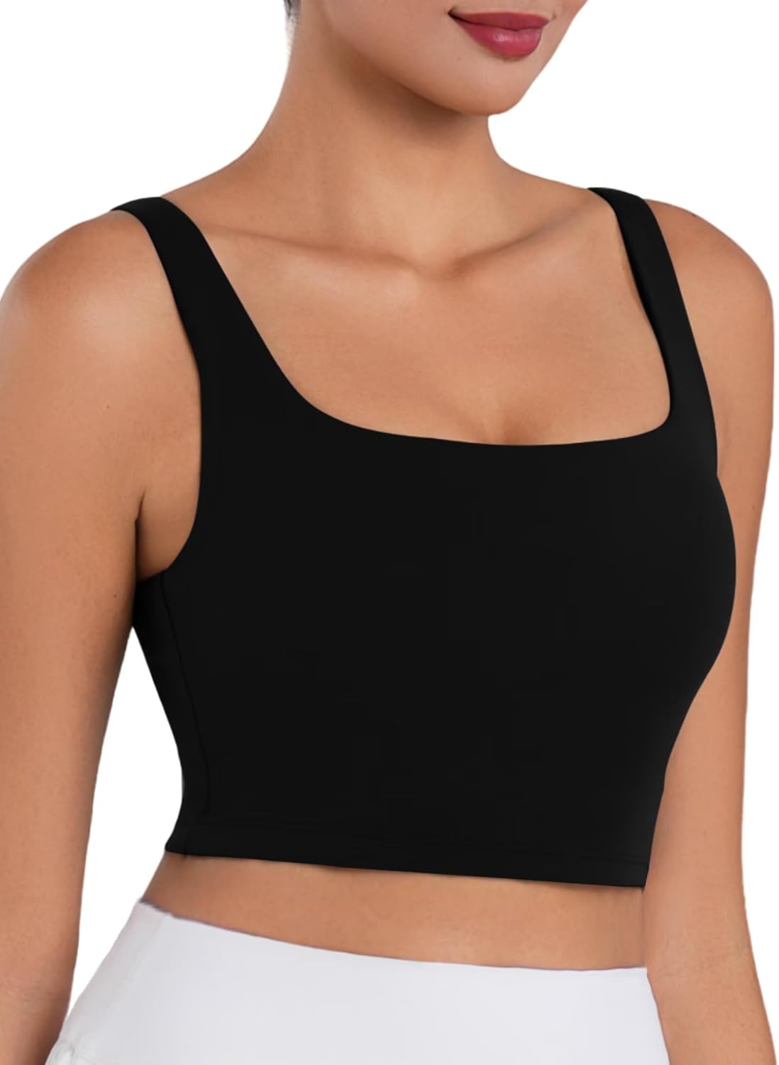 Sunzel Square Neck Longline Sports Bra - Padded Yoga Crop Tank Top with Wide Straps for Women