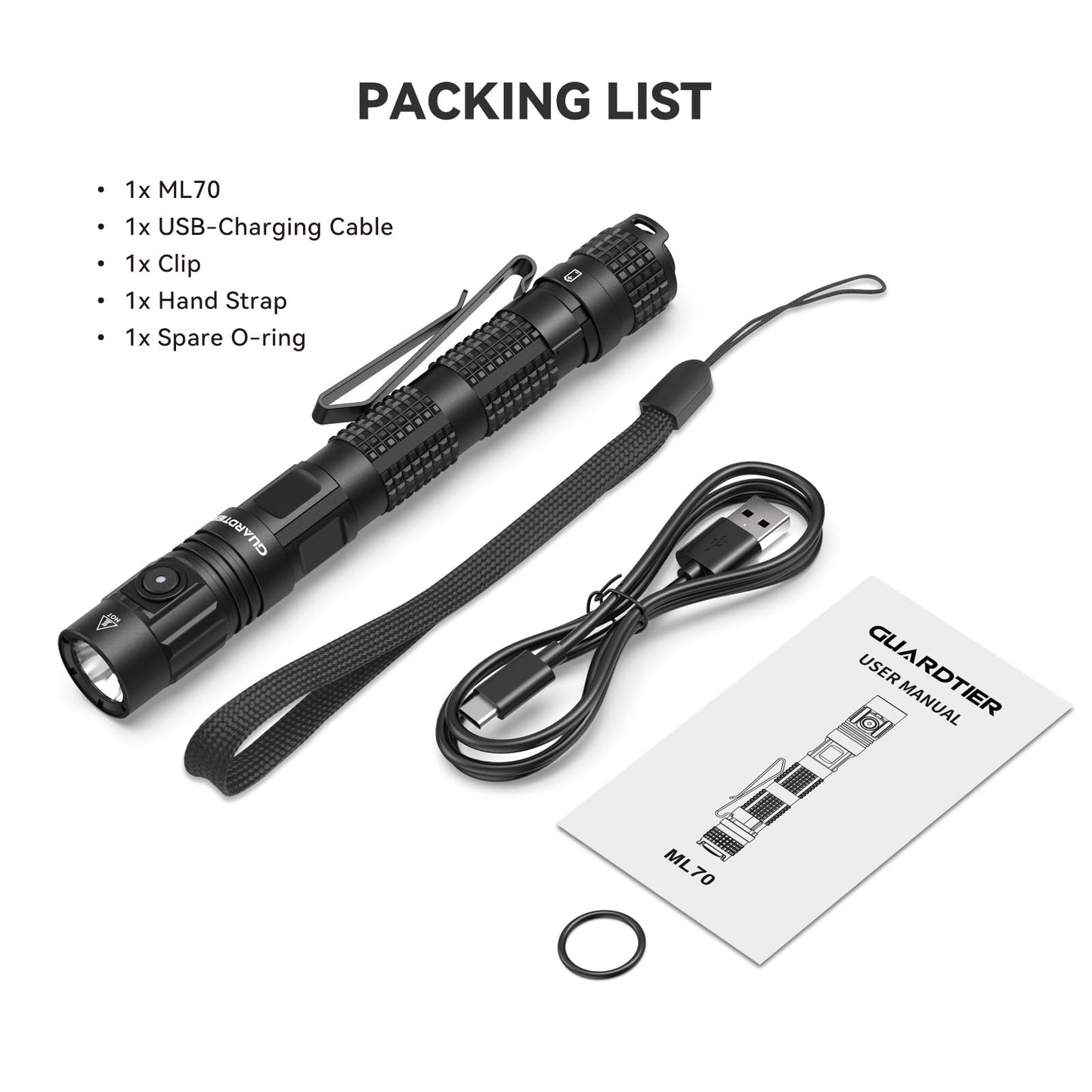 Guardtier ML70 Rechargeable Flashlight for Outdoor Working Camping/Emergencies/Outdoor Activities, Aluminum LED Tactical Penlight, USB-C, Tail Switch, 1500 Lumens, 5 Modes - Black, 6.1 in