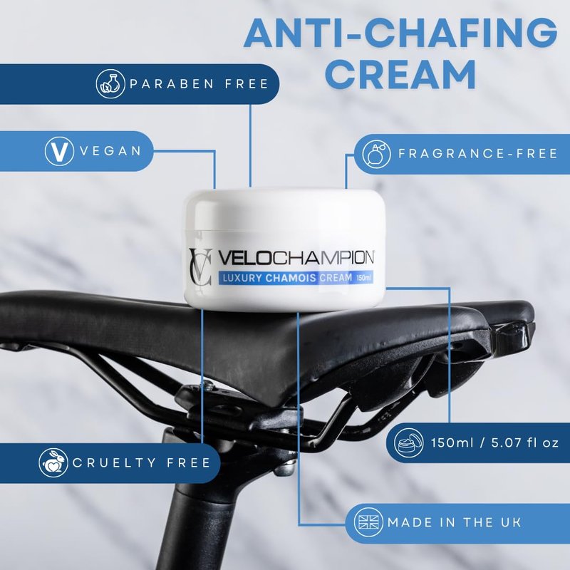 VeloChampion Luxury Chamois Cream | Vegan Anti Chafing Cream for Men and Women | For Cycling, Running, Triathlon and Thigh Rub (5.0 Fl Oz) Fragrance Free