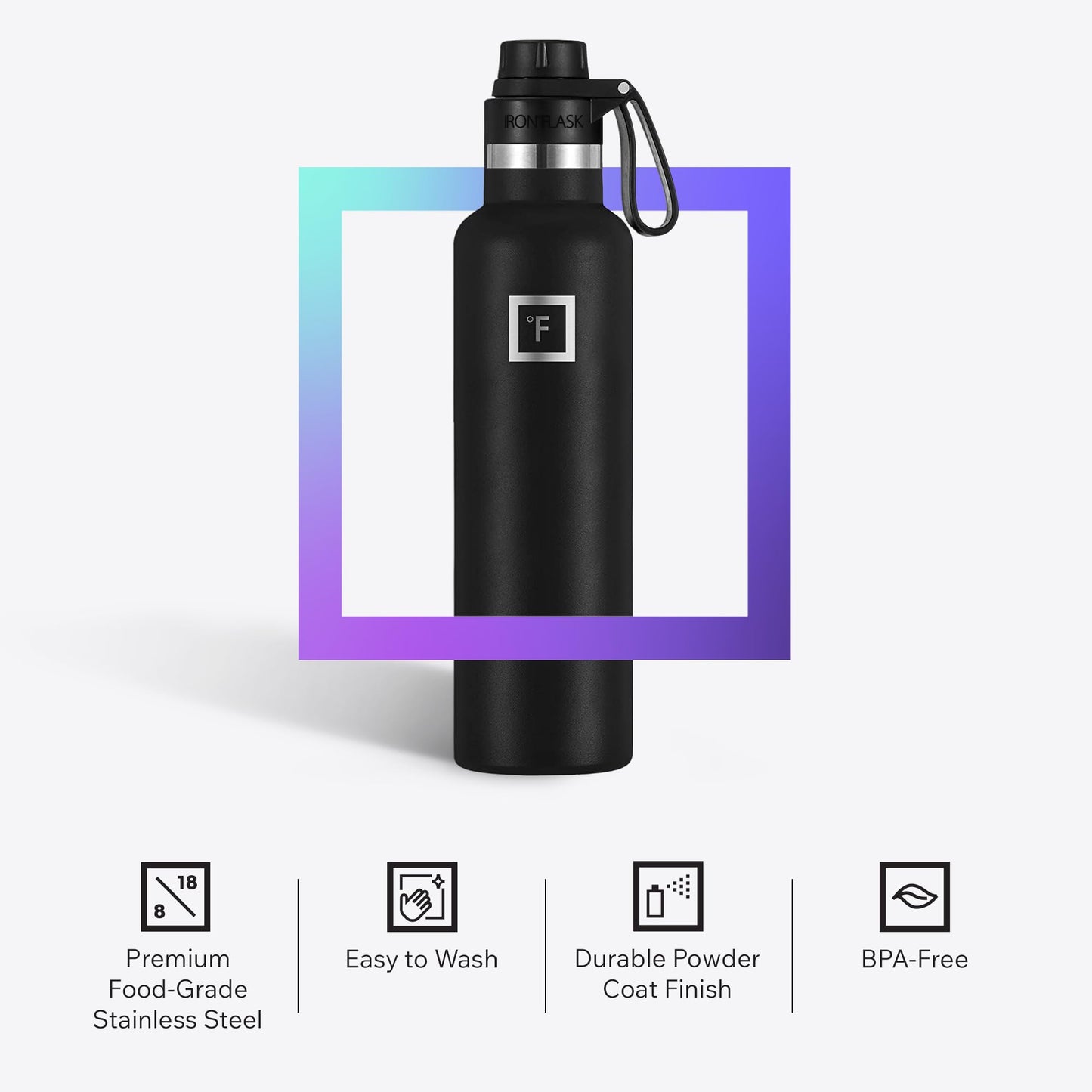 IRON °FLASK Camping & Hiking Hydration Flask with Spout, Narrow Mouth Insulated Stainless Steel Sports Water Bottle - Black Marquina 24 oz - Spout (1 Lid)