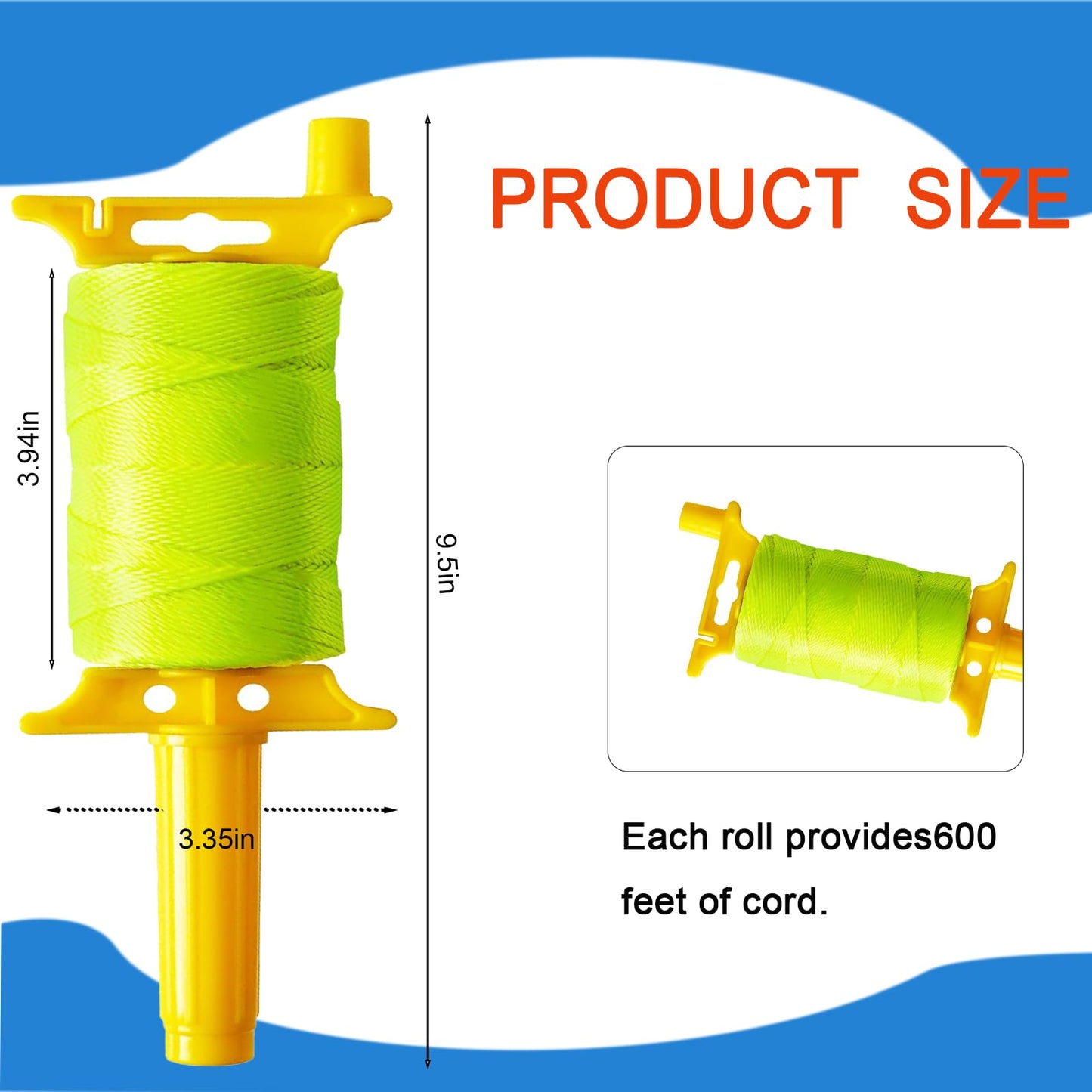 Mason Line with Handle, Reloadable Reel, #18 Braided Nylon Line, 600 Feet of High Strength Nylon Line for Gardening or Masonry Tools, Kite Twine, Fluorescent Yellow