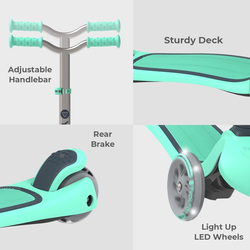 Yvolution Y Glider Air Scooter for Kids, 3 Wheel Scooter for Toddlers 4 Adjustable Height Glider with Kick Scooters, Lean to Steer with LED Flashing Light for Children Ages 3+ Years Old (Green)
