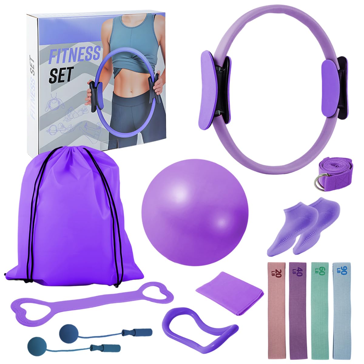 CoreHarmony Pilates Essentials Kit for Women, Home Pilates Kit with 12.9" Ring and 9.8" Mini Ball, 4 Fabric Loop Bands, Figure-8 Band, Stretch Strap, Jump Rope, Carry Bag (Purple Thread)