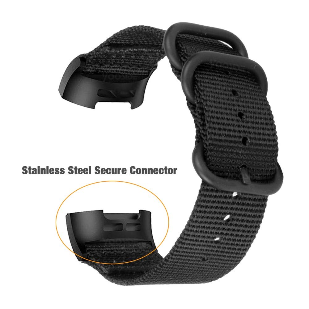 YOOSIDE Nylon Band for Fitbit Charge 3/Charge 4, NOTA Woven Nylon Band with Metal Stainless Steel Ring Wristband Strap for Fitbit Charge 4/4 SE(Black)