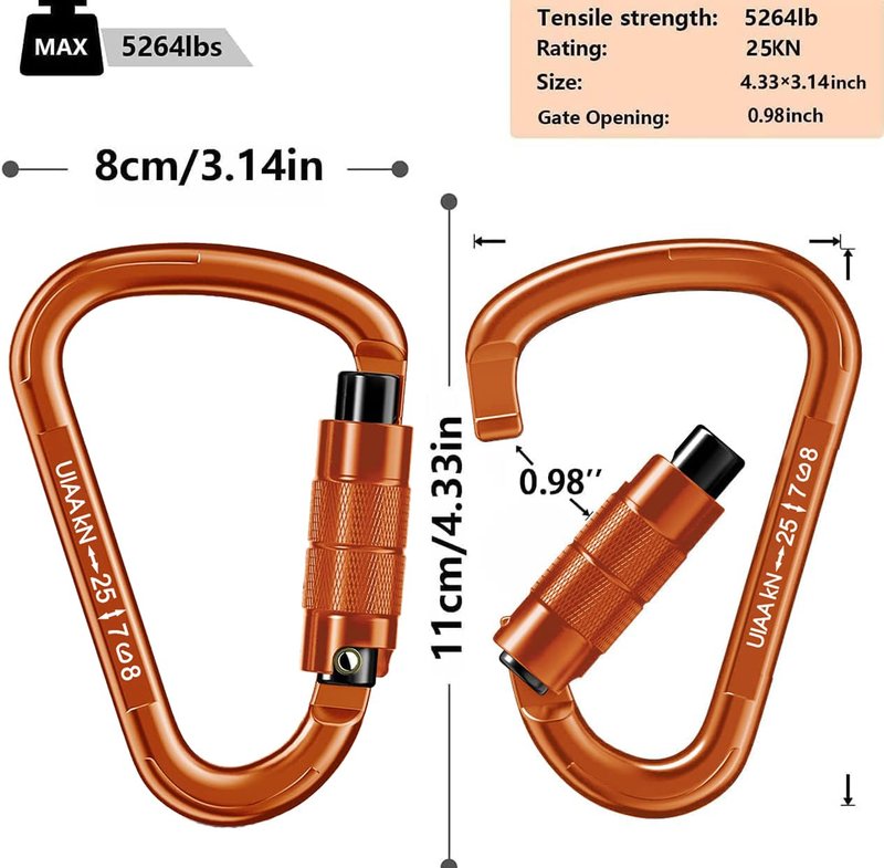 Auto Locking Carabiner Heavy Duty Carabiner 25kN Climbing Carabiner Climbing Equipment Safety Carabiners for Rappelling, Hammocks, Rescue, Dog Leash, Swing (Orange-8PCS)