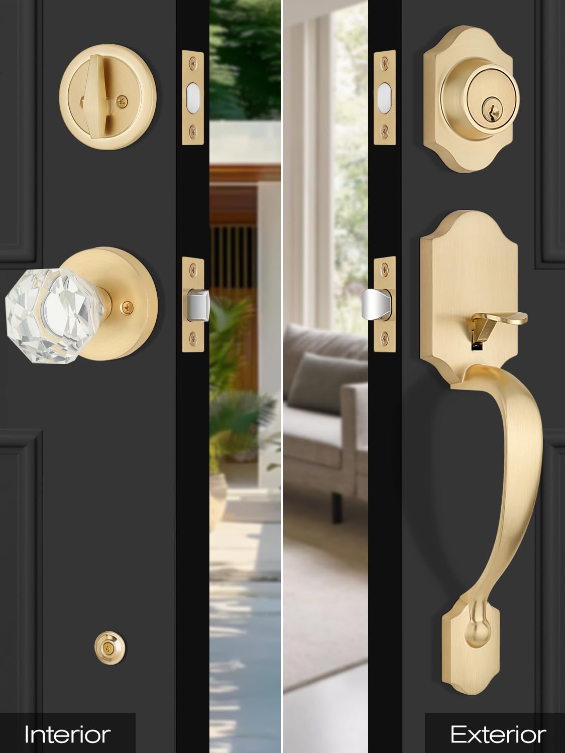 EHOMEWARE 1 Pack Front Door Lock Set, Exterior Door Handle Gold, Entry Door Locksets with Deadbolt, Front Door Handle, Glass Door Knobs, Reversible for Left & Right Doors, Satin Brass Finish
