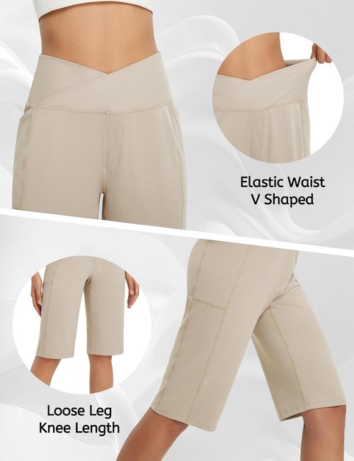 Baleaf Women's Bermuda Long Shorts - High-Waisted Athletic Capris with Pockets | 14" Knee Length, Summer Stretch