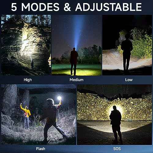 Flashlights High Lumens, Tactical Flashlight Super Bright, USB-C Rechargeable with Battery Display, 5 Modes & Adjustable Focus, Camping Emergency Light for Outdoor Home Security