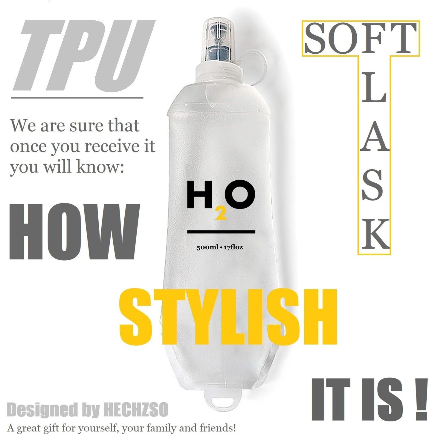 HECHZSO Collapsible TPU Soft Flask 500ml Leakproof Hydration Bottle with High-Flow Bite Valve for Running, Hiking, Cycling & Climbing, Lightweight Foldable Water Bottle (2 pcs 500ml)