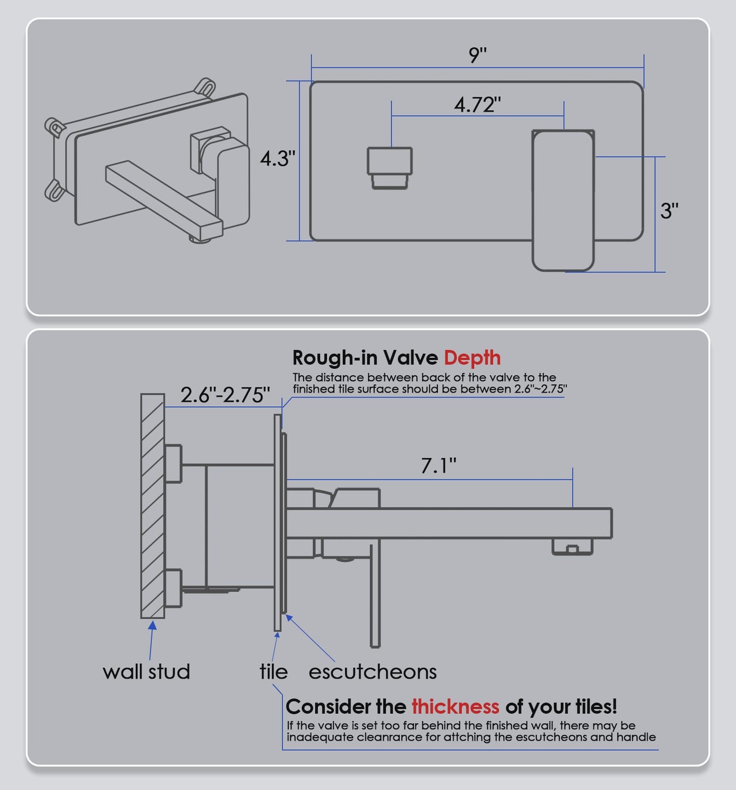 ROVOGO Wall Mount Bathroom Sink Faucet with Rectangular Spout and Rough-in Valve, Single Handle Single Hole Faucet for Bathroom Sink, 304 Stainless Steel, Black