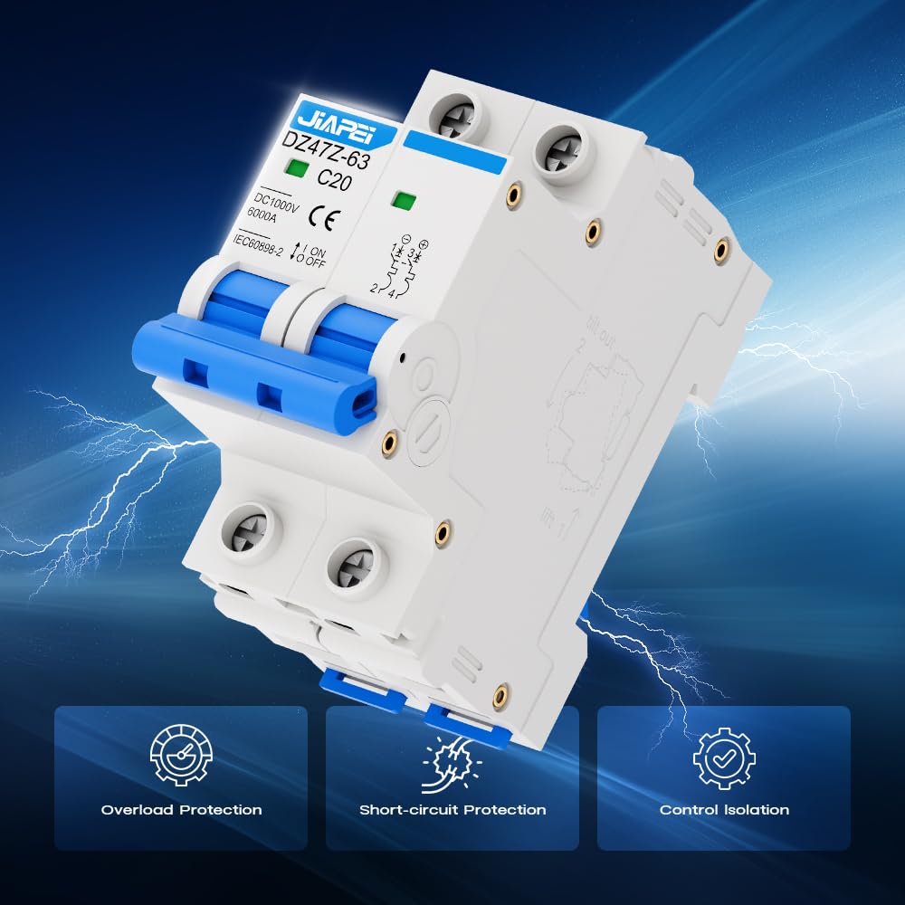 DC Miniature Circuit Breaker, 1000V 2 Pole 20 Amp Isolator for Solar PV System, Thermal Magnetic Trip DIN Rail Mount, C20 DC Disconnect Switch