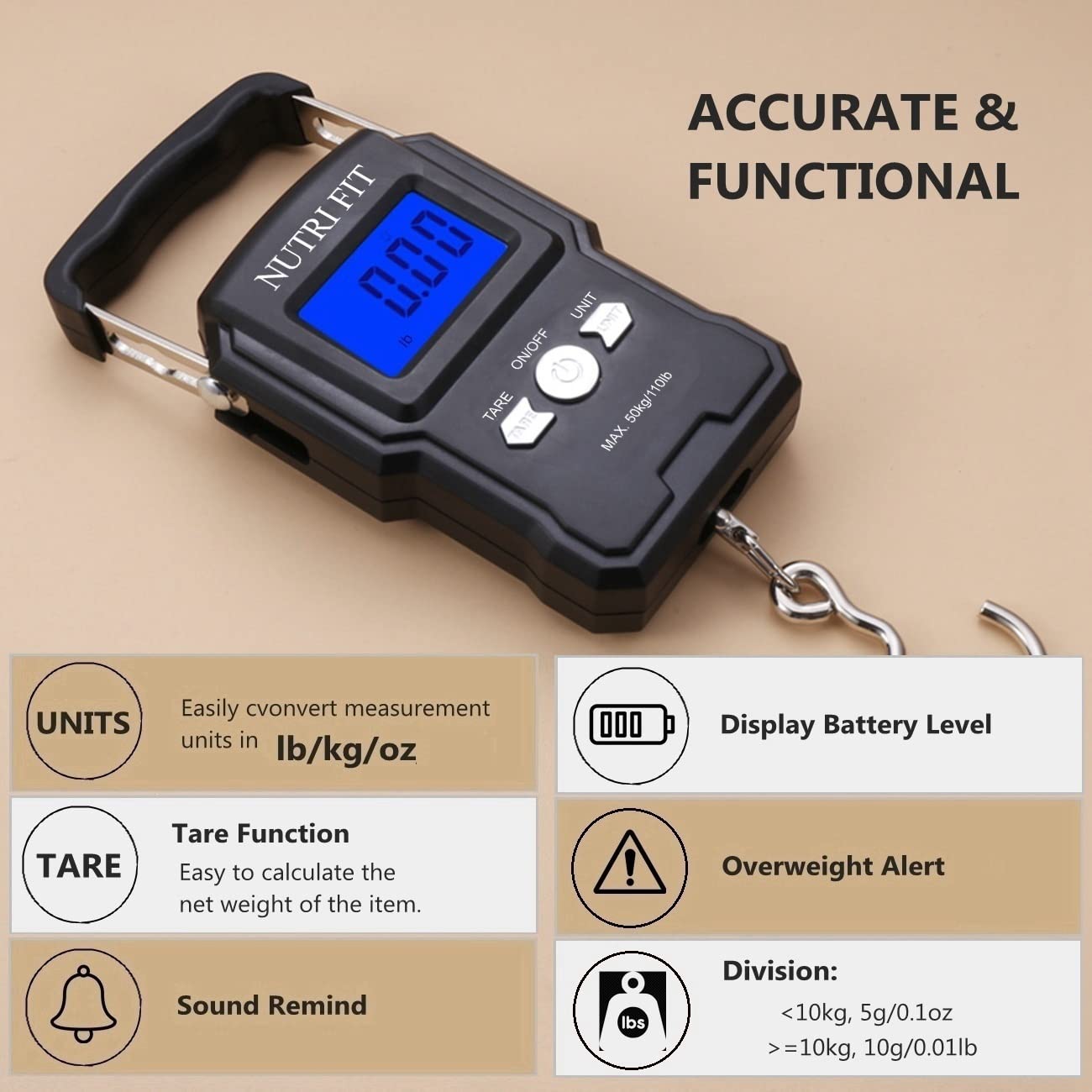 NUTRI FIT Digital Luggage Scale - Portable Handheld Weighing Scale for Travel | 110lb Capacity