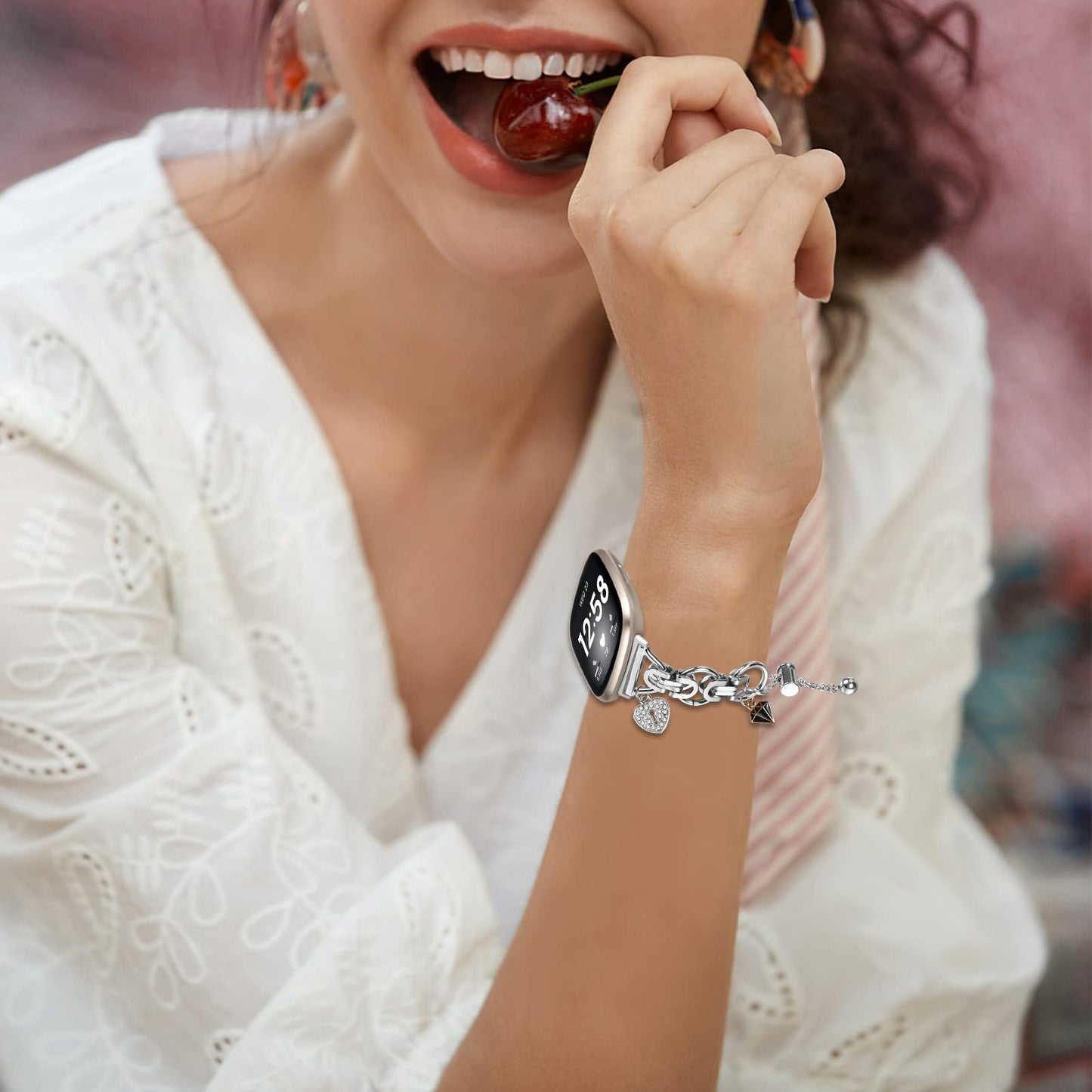 Feigand Bling Bands Compatible with Fitbit Versa 4/Sense 2/Versa 3/Sense, Shinny Metal Bracelet Straps Luxurious Rhinestone Replacement Wristband for Women (Silver)