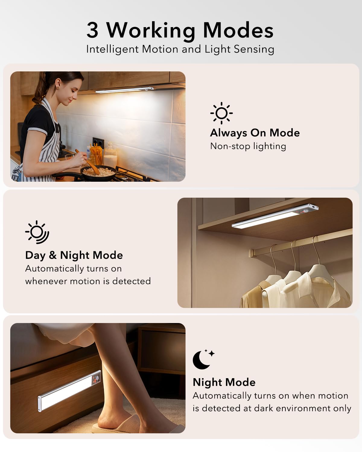 XLYS Under Cabinet Lighting Wireless with Function Display, 2200 mAh Rechargeable Closet Lights Motion Sensored, 3 Color Temps & Dimmable LED Under Counter Lights for Kitchen, Stairs, Bedroom (2 Pack)