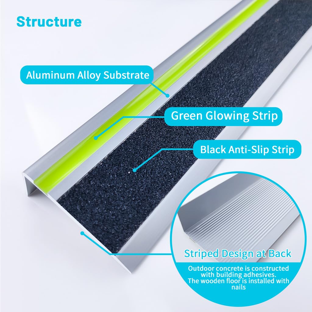 ZALNVEY 3 Pack 48 in L Shaped Stair Nosing with Green Glow Strip, Outdoor Aluminum Stair Edge Protector, Long Stair Edging Stair Trim, Anti Slip Traction Steps Treads Plate Help Elderly, Kids Walk