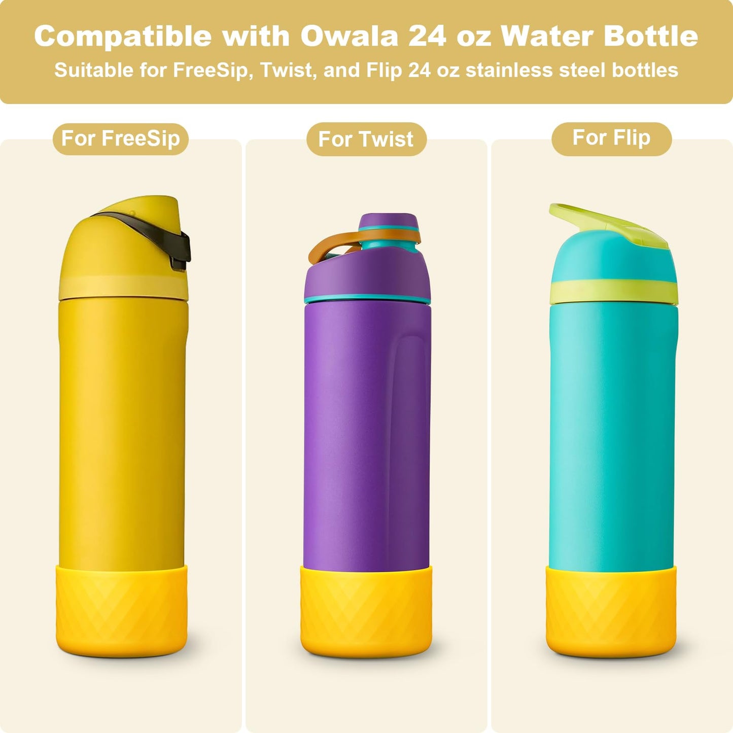 Alwenid 2PCS Silicone Water Bottle Boot for Owala 24 Oz, Anti-Slip Protective Sleeve Bottom Bumper Protector for FreeSip, Twist, and Flip Stainless Steel Water Bottles (Yellow)