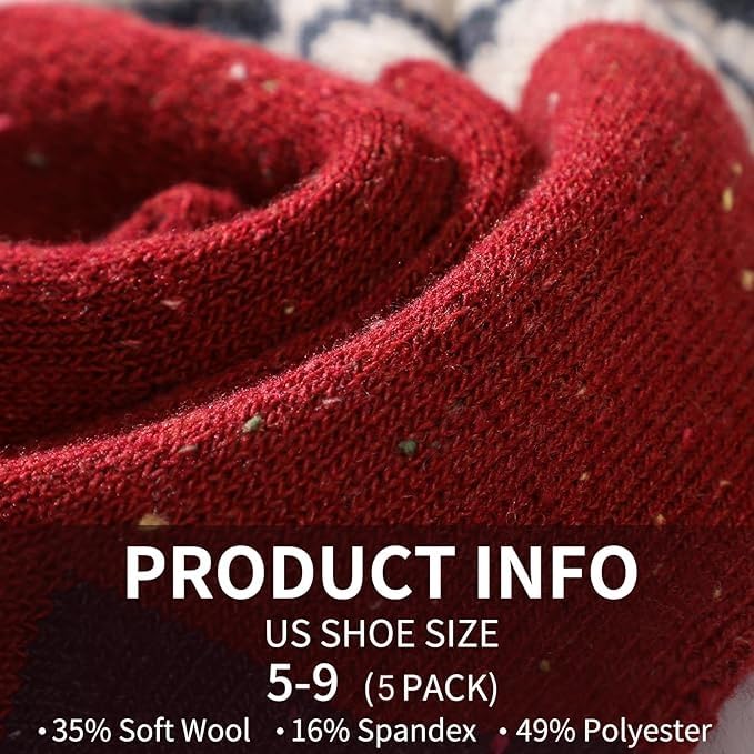 Warm Wool Socks for Women - Cozy Thick Hiking Crew Socks, 5 Pairs Parallel Dot, Size 6-10